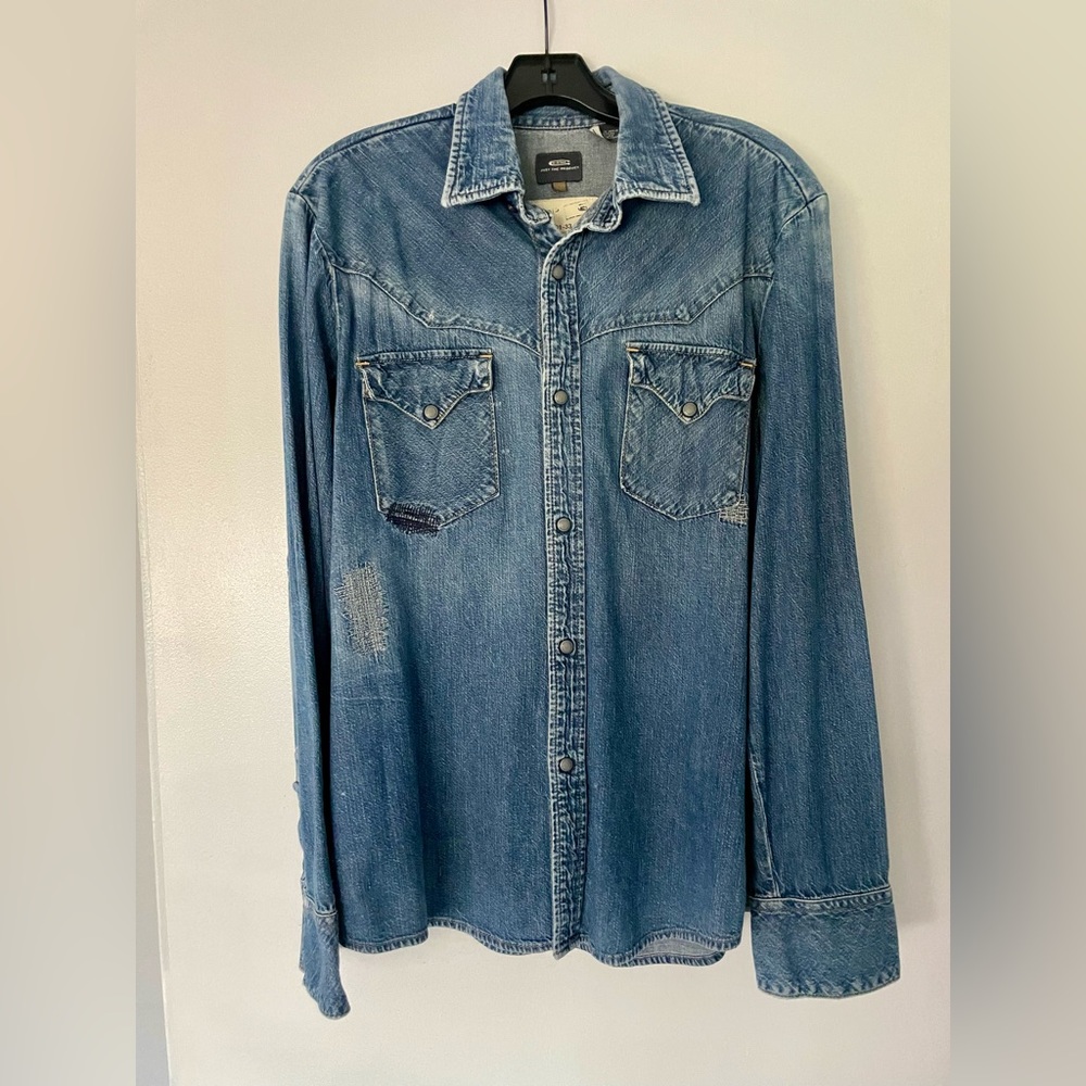 G Star Raw Mens Size Large Shirt Western Snap Long Sleeve Denim Distressed EUC